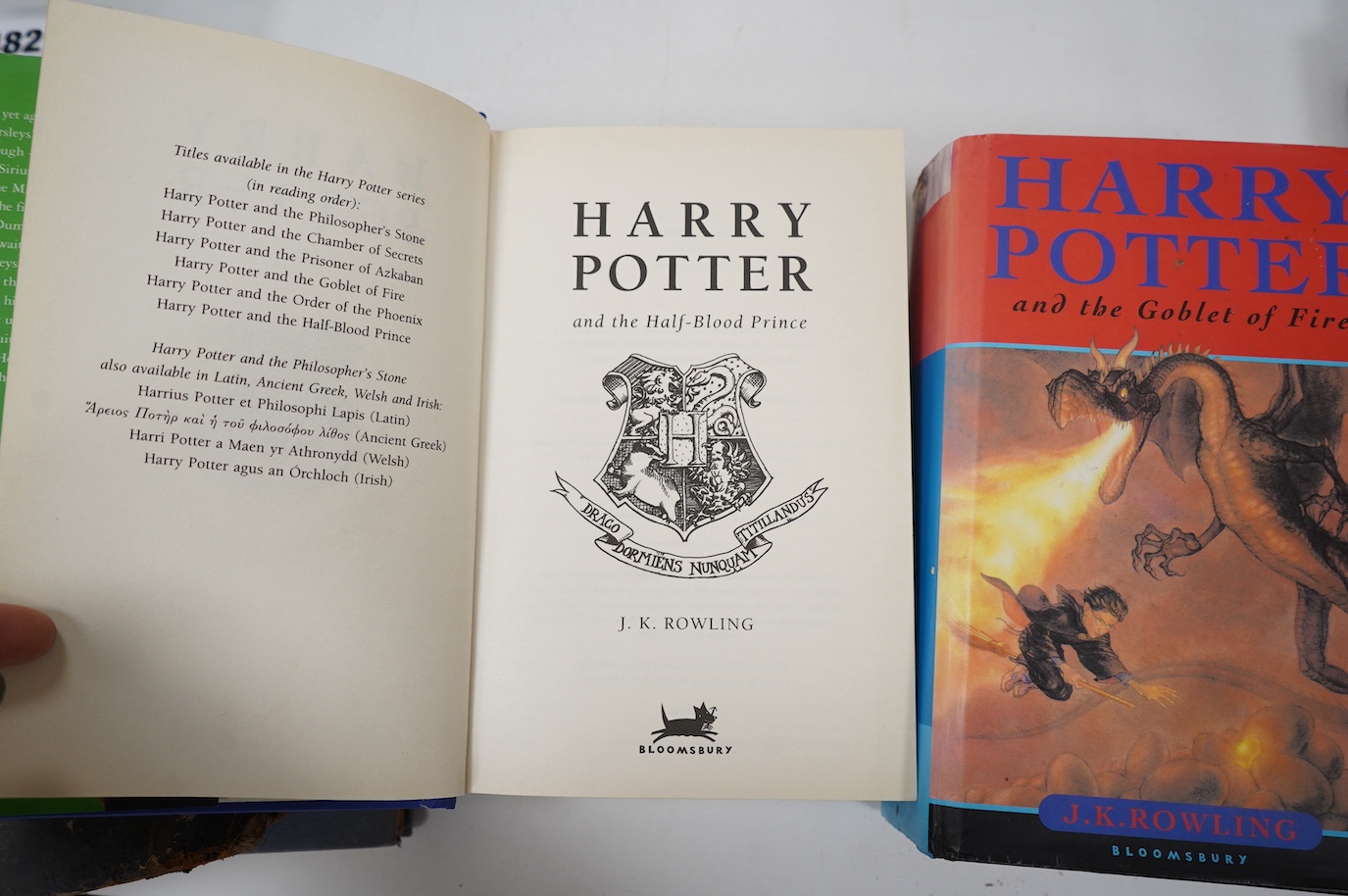 Rowling, J.K. - Harry Potter and the Goblet of Fire. 1st edition (reprinted). armorial illus. on half and title pages; publisher's coloured pictorial boards and d/wrapper. Bloomsbury, 2000; Rowling, J.K. - Harry Potter o